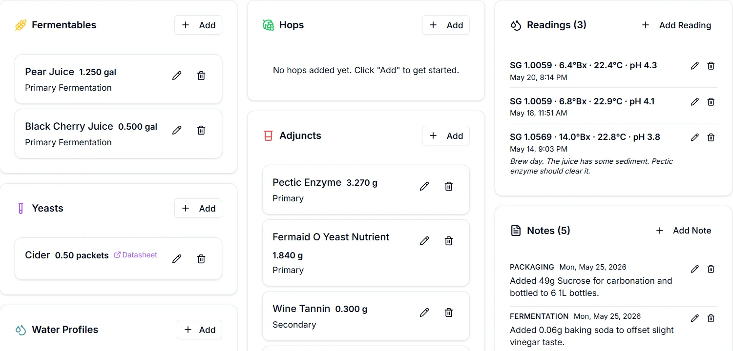 Fermentables, hops, adjuncts, yeast, readings, and notes