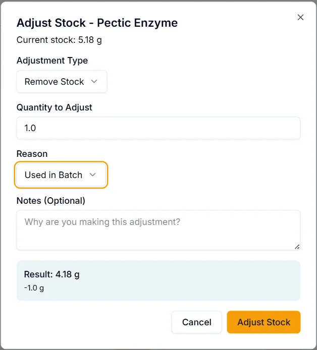 Stock adjustment modal tied to batch usage