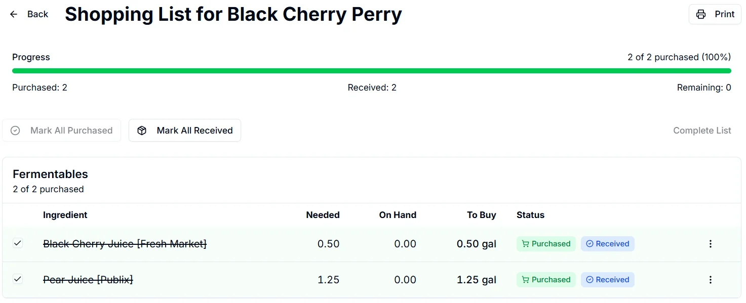 Shopping list detail with purchased and received status