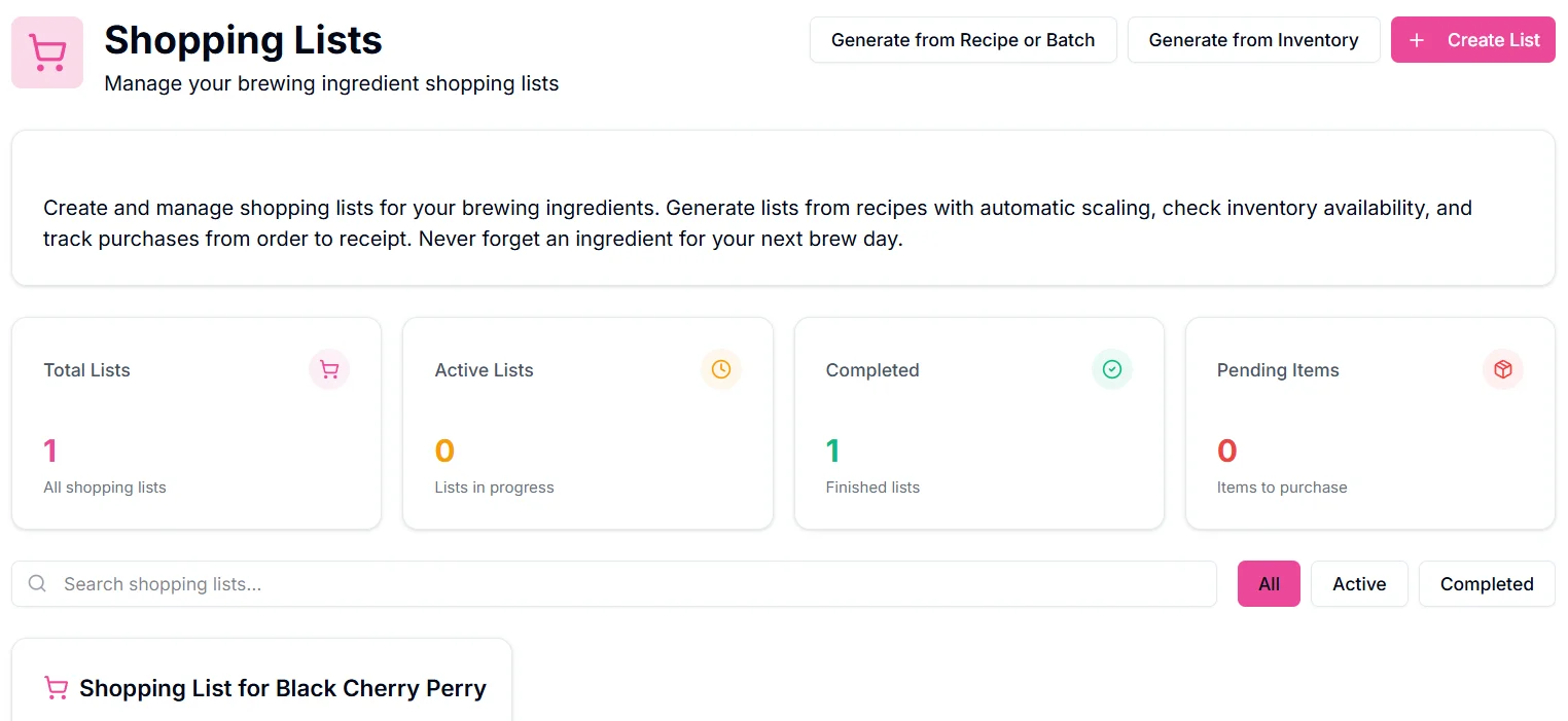 Shopping Lists overview page with generation options