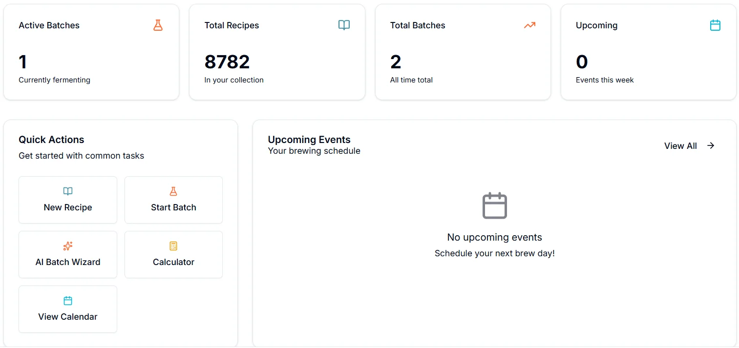 Dashboard with active batches, recipe library, and quick actions