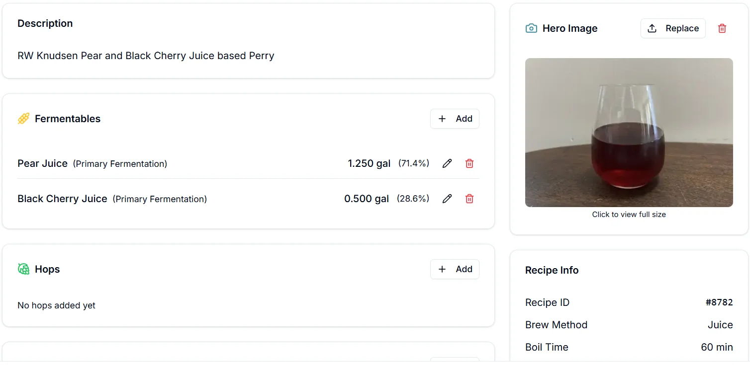 Recipe description, fermentables, and hero image