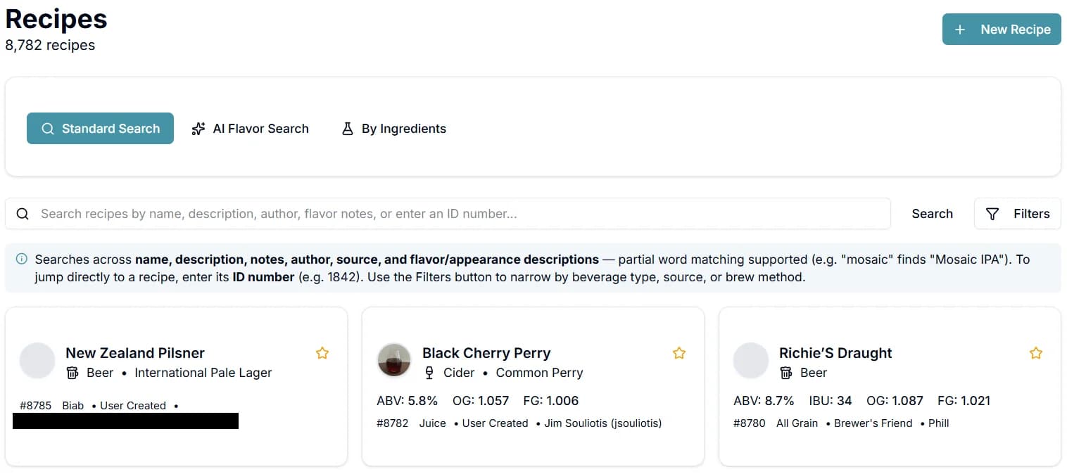 Recipe library with 8,782 recipes and search options