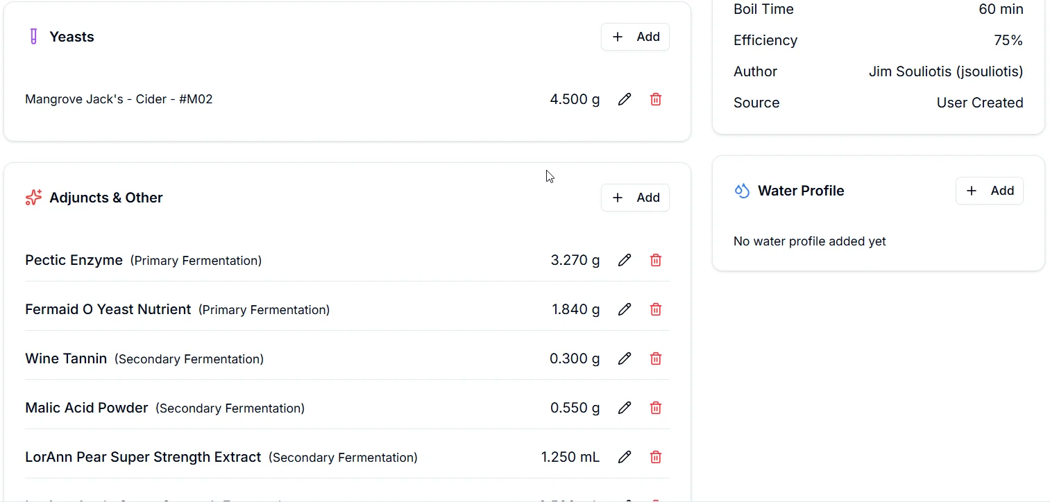 Recipe yeast, adjuncts, and metadata